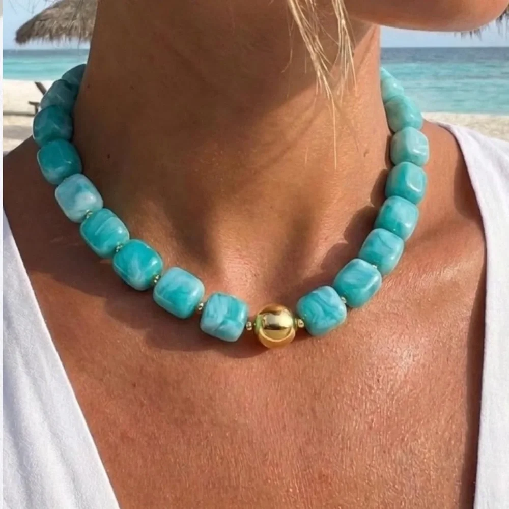 Turquoise Ocean Blue Bead Statement Necklace - Gold Accent new